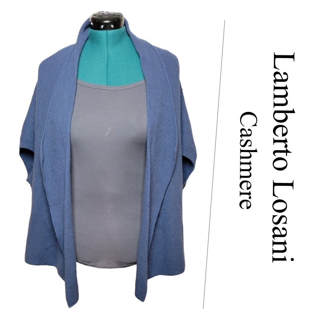 Lamberto Losani Italian Blue Cashmere Sweater Open Front Shawl Collar Cardigan M